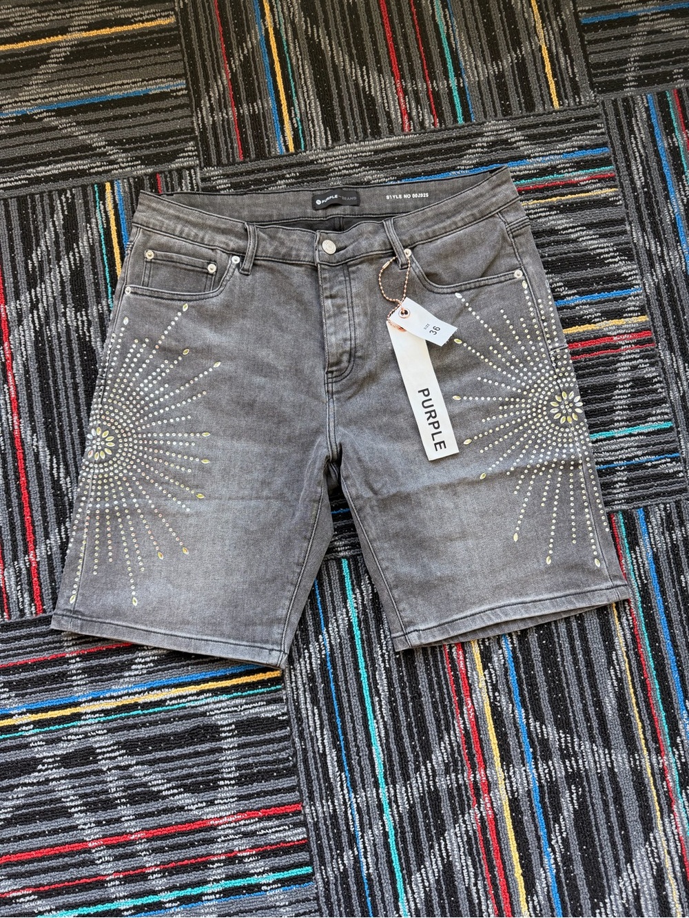 Purple Brand Men’s Gray Denim Jean Shorts with Stud Detail
